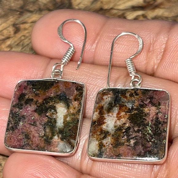 Dainty Square Rhodonite Earrings 1 1/2” - Picture 6 of 10